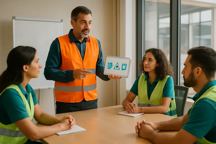 ממונה בטיחות מעביר הדרכה לעובדים בחדר ישיבות