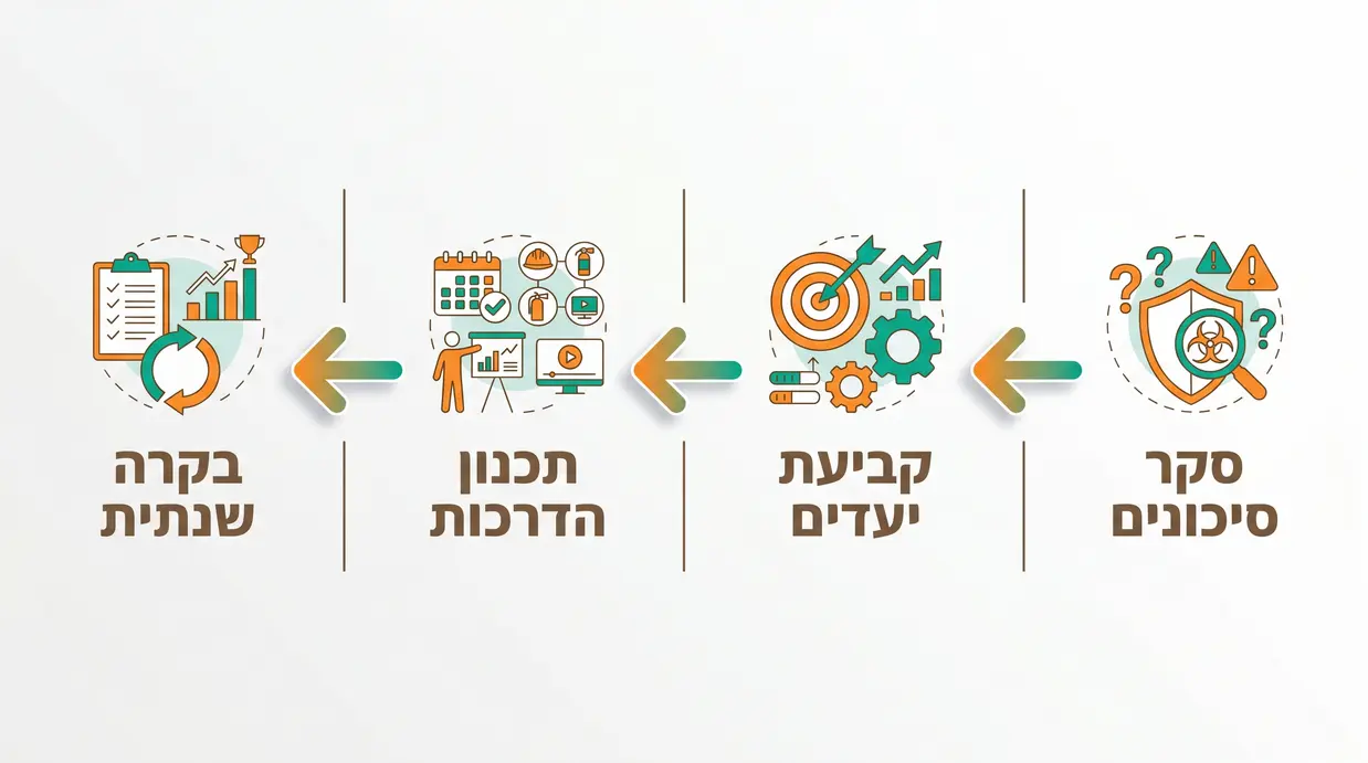 תרשים זרימה בעברית המציג את שלבי בניית תוכנית הדרכות בטיחות שנתית