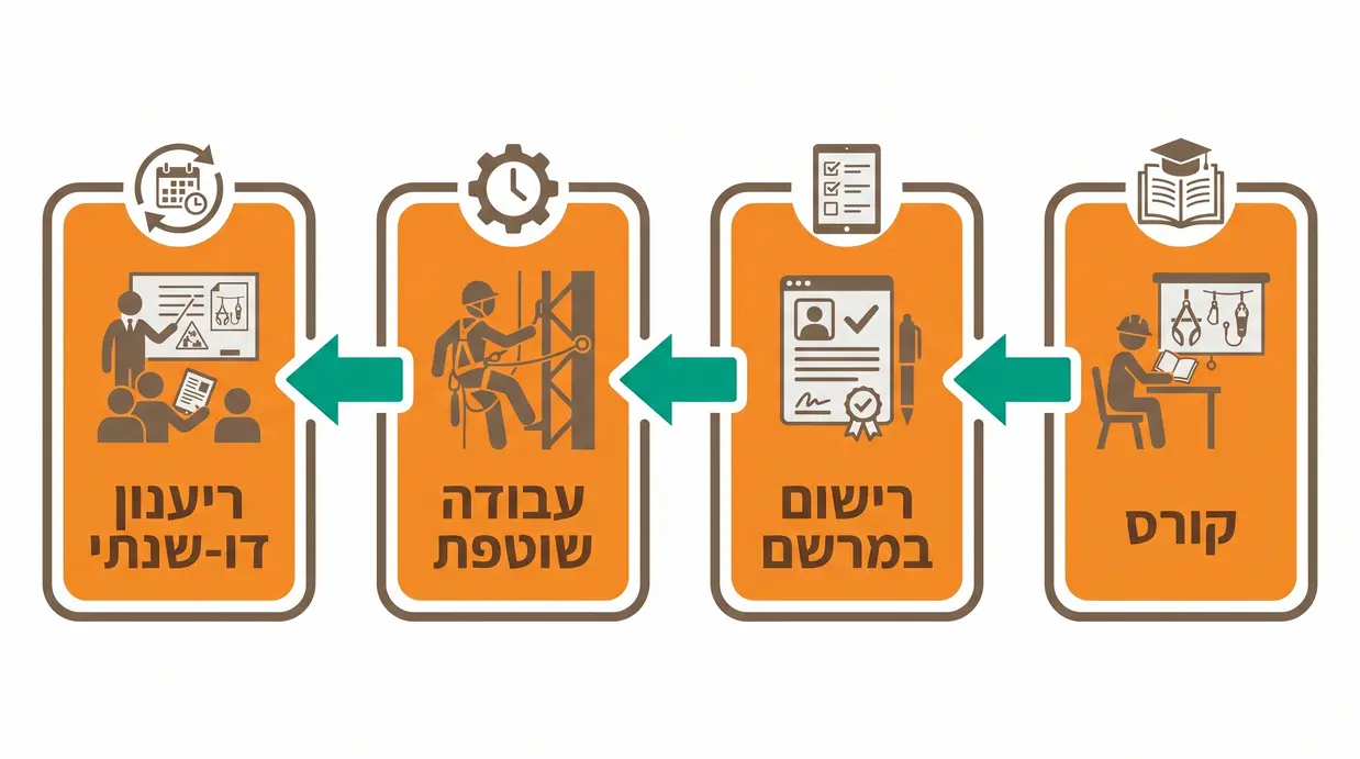 תרשים זרימה בעברית המציג את מחזור חיי ההסמכה למדריך עבודה בגובה