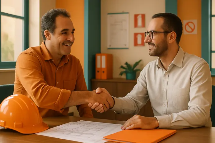 לחיצת יד בין יועץ בטיחות אש לבעל עסק במשרד מודרני