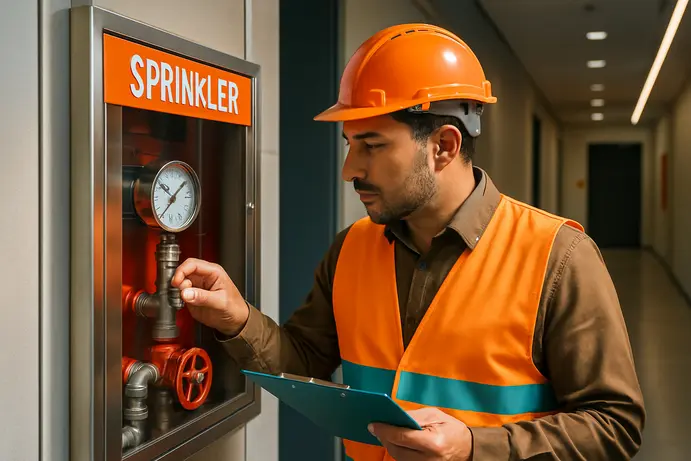 יועץ בטיחות בוחן מערכת ספרינקלרים במבנה מסחרי