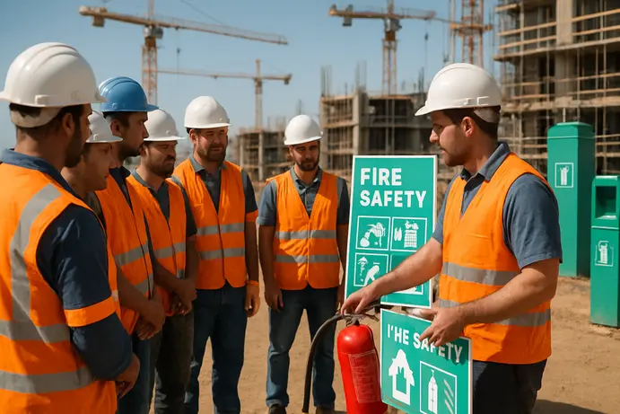 קבוצת עובדים באתר בנייה מקשיבה להדרכת בטיחות אש ממדריך מקצועי