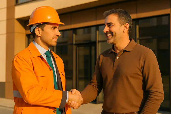 לחיצת יד בין יועץ בטיחות אש לבעל עסק מרוצה מחוץ למבנה מסחרי