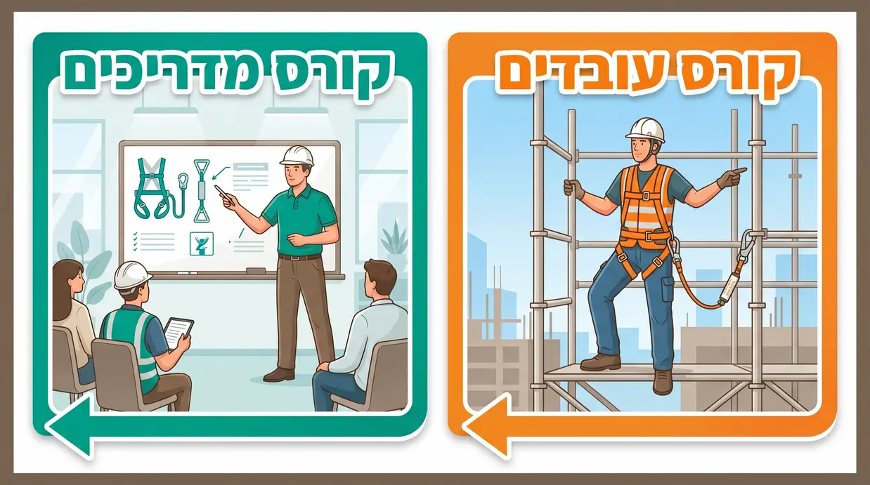 השוואה חזותית בין קורס עבודה בגובה לעובדים לבין קורס מדריכים