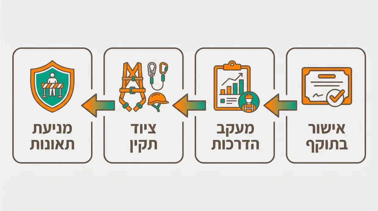 אינפוגרפיקה בעברית המציגה את חובות המעסיק בניהול הדרכות ובטיחות בעבודה בגובה