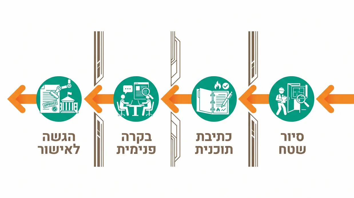 תרשים זרימה בעברית המתאר את שלבי העבודה מול יועץ בטיחות אש עד לקבלת אישור כבאות