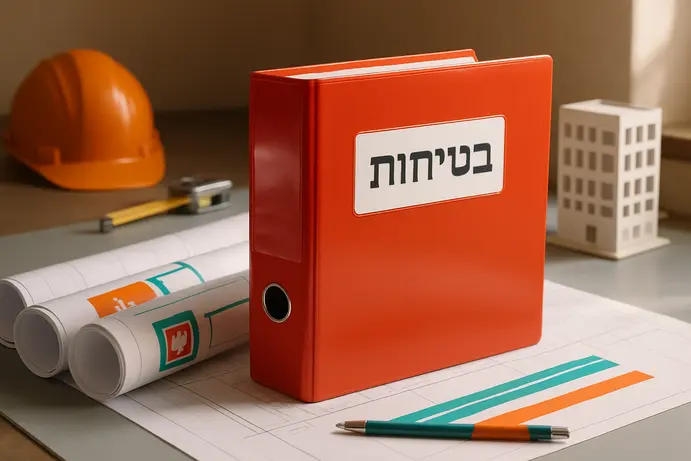 קלסר אדום עם כיתוב תיק שטח ותוכניות בטיחות אש