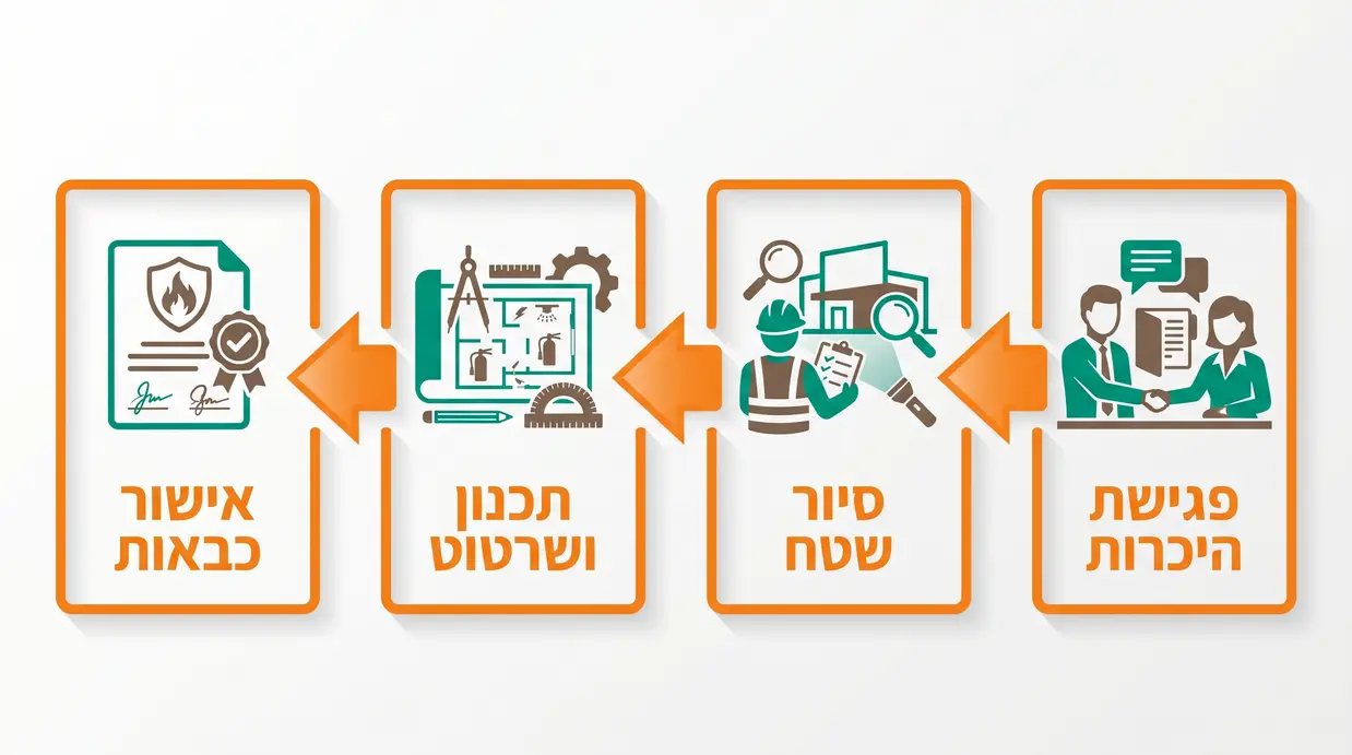 תרשים זרימה בעברית המציג את שלבי העבודה מול יועץ בטיחות אש