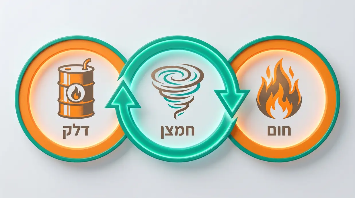תרשים משולש האש עם שלושת המרכיבים העיקריים