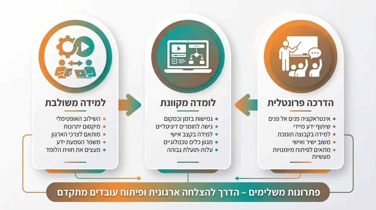 אינפוגרפיקה בעברית המשווה בין הדרכה פרונטלית, מקוונת ולמידה משולבת