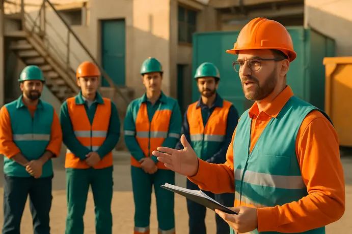 מנהל בטיחות מעביר תדריך בוקר לעובדים באתר עבודה