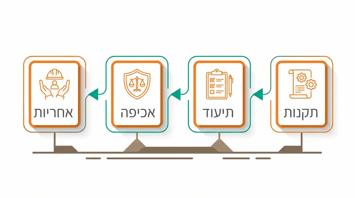 תרשים בעברית המציג את הקשר בין תקנות, תיעוד, אכיפה ואחריות בעבודה בגובה