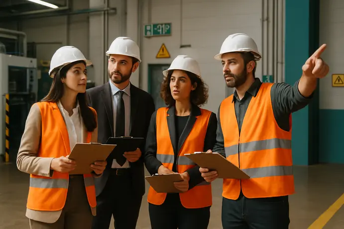 מנהלים בסיור בטיחות בשטח עם לוחות כתיבה וציוד מגן