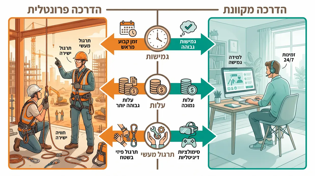 תרשים השוואה בעברית בין הדרכה מקוונת להדרכה פרונטלית