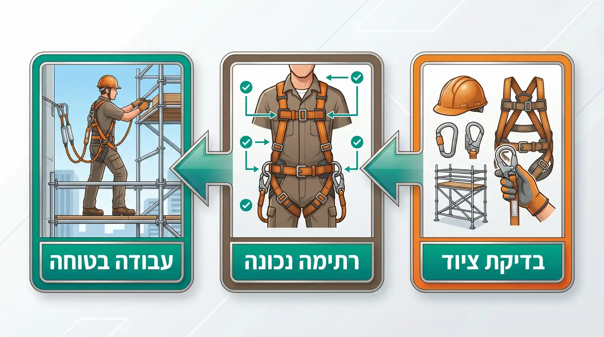 תרשים תהליך בעברית המדגים שלבים בעבודה בטוחה בגובה עם ציוד מגן