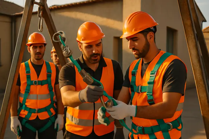 עובדים מתרגלים חיבור רתמות לנקודת עיגון בהשגחת מדריך