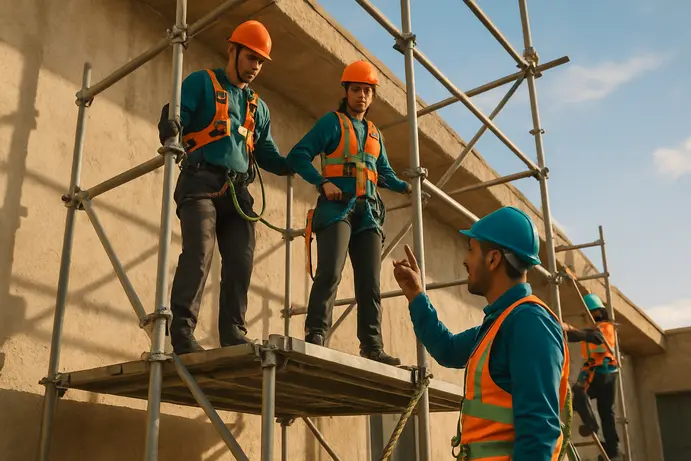 עובדים מתרגלים עבודה בטוחה על פיגום תחת השגחת מדריך