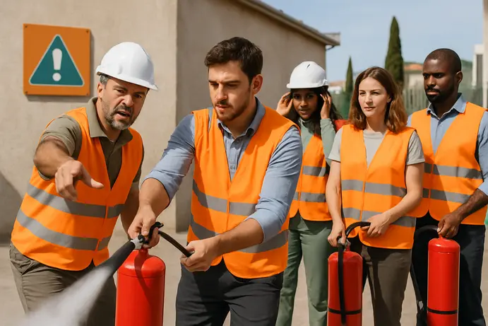 עובדים מתרגלים שימוש בציוד כיבוי אש במהלך הדרכת בטיחות