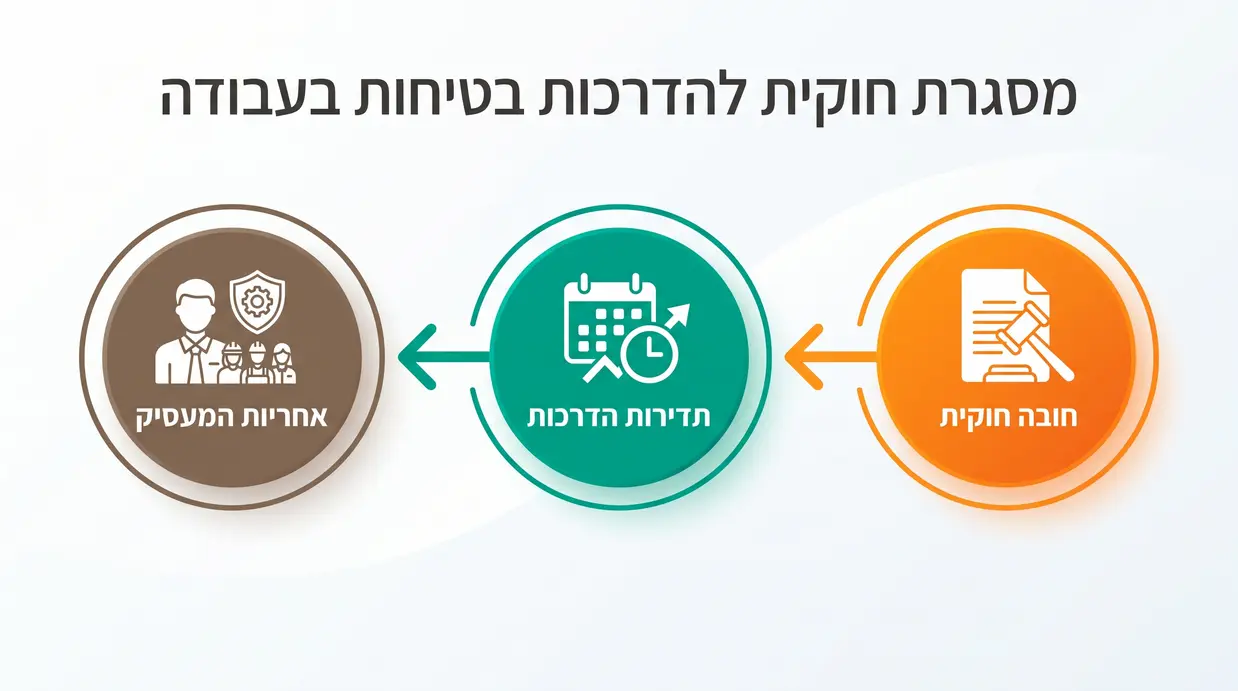 איור אינפוגרפי בעברית המציג את חובות המעסיק לפי החוק בהדרכות בטיחות