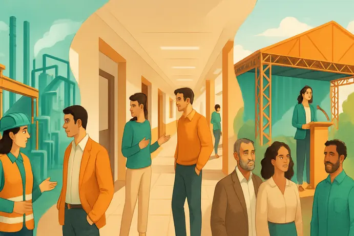 קולאז' של סביבות עבודה שונות: תעשייה, מוסדות ואירועים