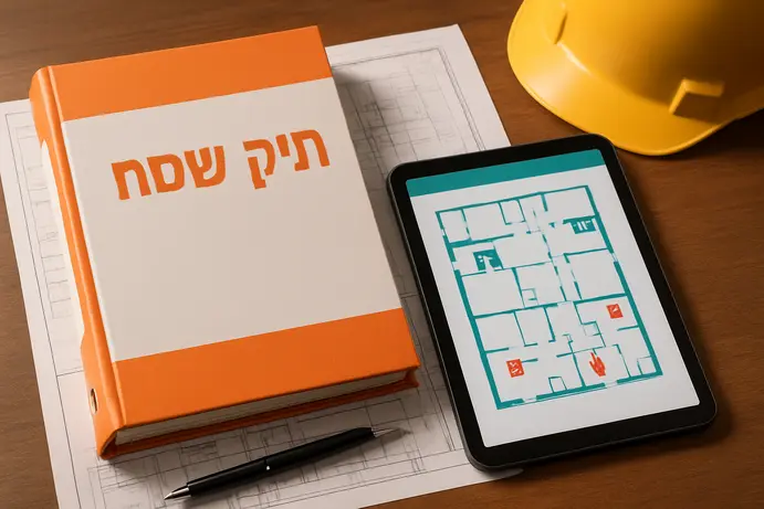 קלסר תיק שטח לצד טאבלט המציג מפה דיגיטלית של מבנה