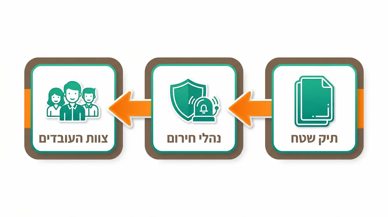 תרשים בעברית המציג את הקשר בין תיק השטח, נהלי החירום וצוות העובדים