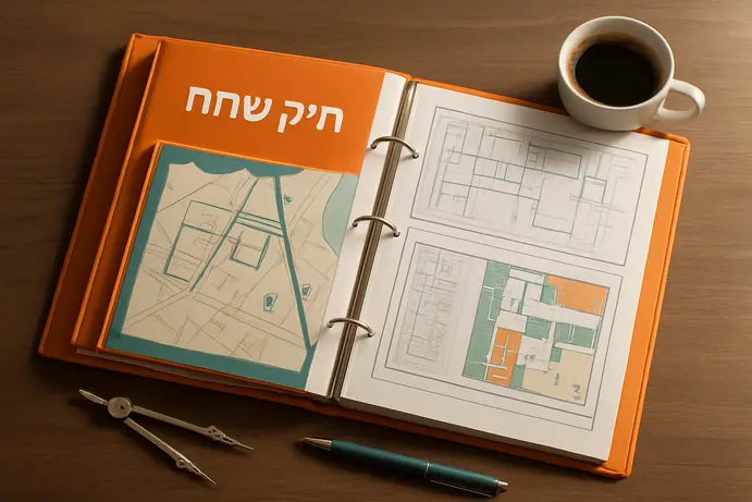 קלסר תיק שטח פתוח עם מפות ושרטוטים טכניים