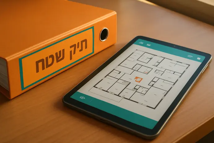 קלסר תיק שטח לצד טאבלט עם מפה דיגיטלית של מבנה