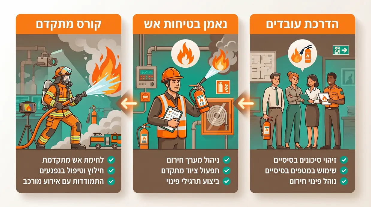 השוואה גרפית בין הדרכת עובדים בסיסית, נאמן בטיחות אש וקורס מתקדם