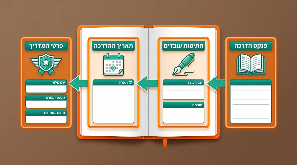 איור של פנקס הדרכה עם שדות למילוי פרטים וחתימות עובדים