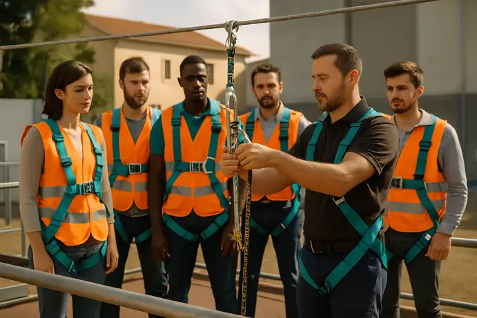 קבוצת עובדים מתרגלת שימוש בציוד מגן אישי בהנחיית מדריך מוסמך