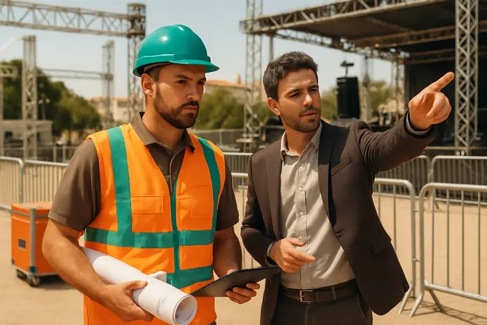 יועץ בטיחות באירוע לובש אפוד זוהר ומשוחח עם מפיק מול במה בהקמה