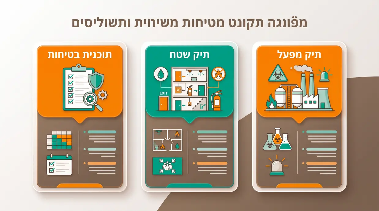 אינפוגרפיקה בעברית המשווה בין תיק מפעל, תיק שטח ותוכנית בטיחות