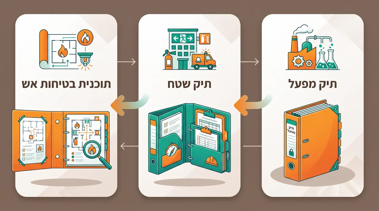 אינפוגרפיקה בעברית המשווה בין תיק שטח, תיק מפעל ותוכנית בטיחות אש