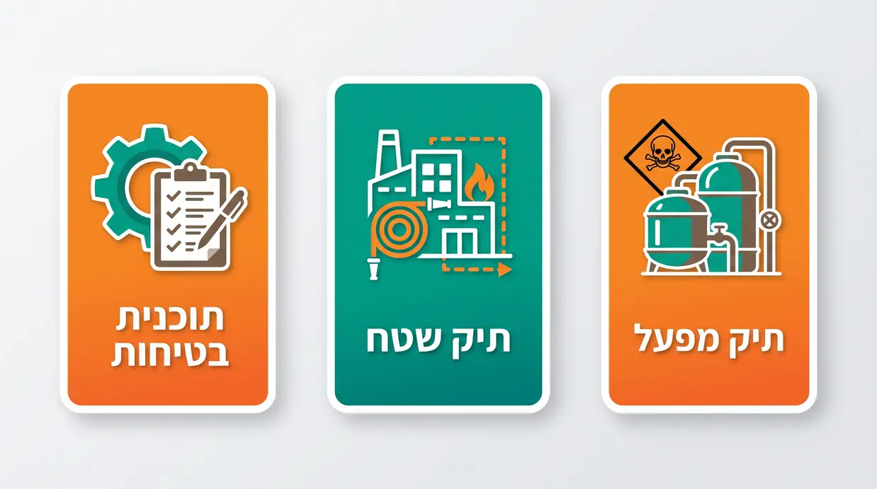 אינפוגרפיקה בעברית המשווה בין תיק מפעל, תיק שטח ותוכנית בטיחות עם אייקונים ברורים