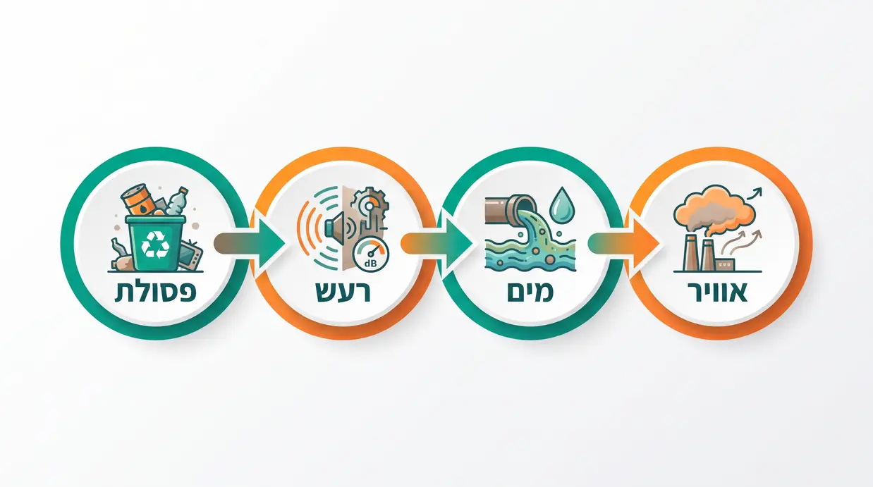 תרשים המציג סוגי מפגעים סביבתיים כמו אוויר, מים, רעש ופסולת