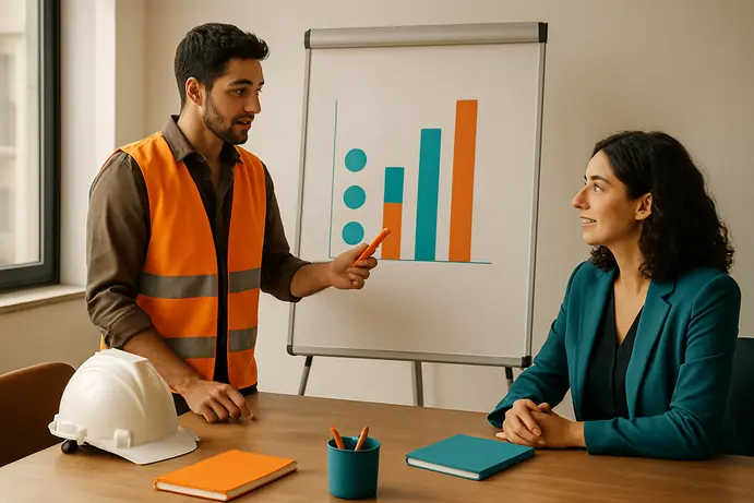 ממונה בטיחות חיצוני נפגש עם מנהל במשרד ומציג חישוב עלות ושעות על גבי לוח