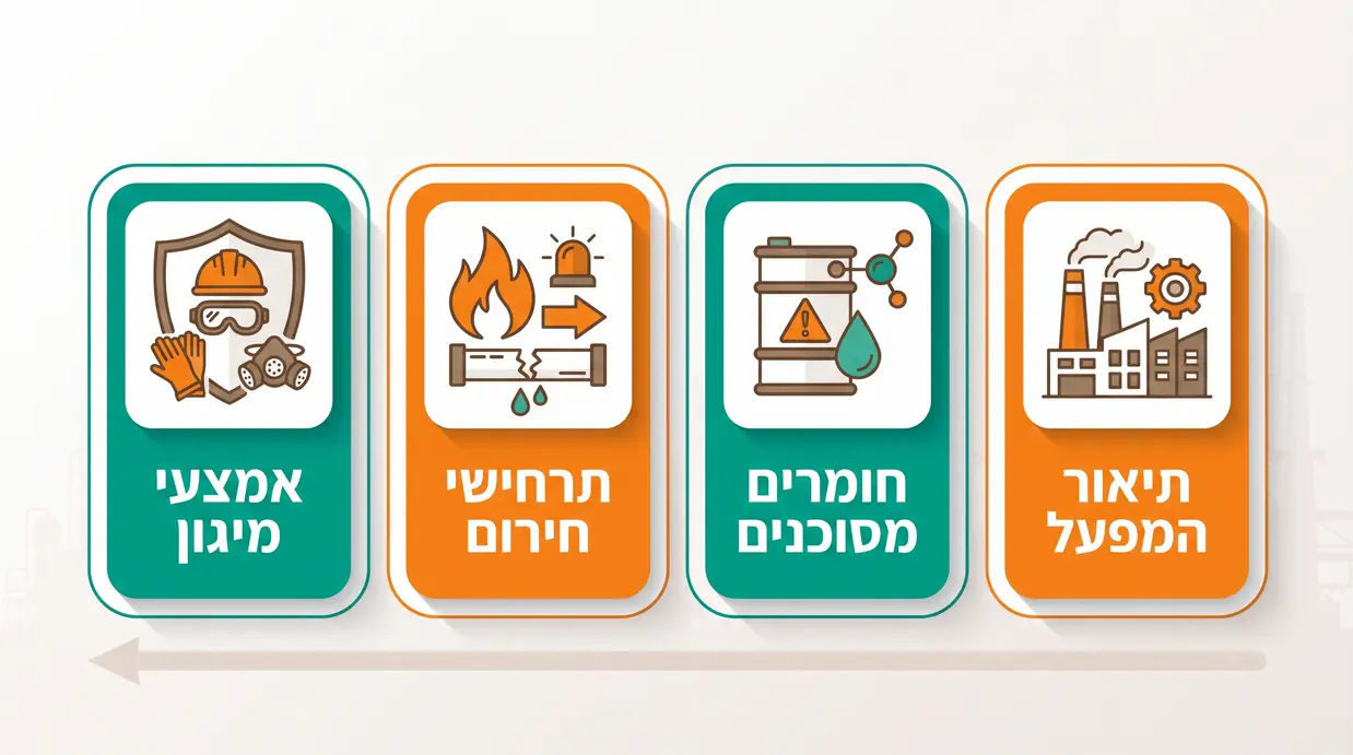 אינפוגרפיקה בעברית המציגה רשימת תיוג של רכיבי החובה בתיק מפעל