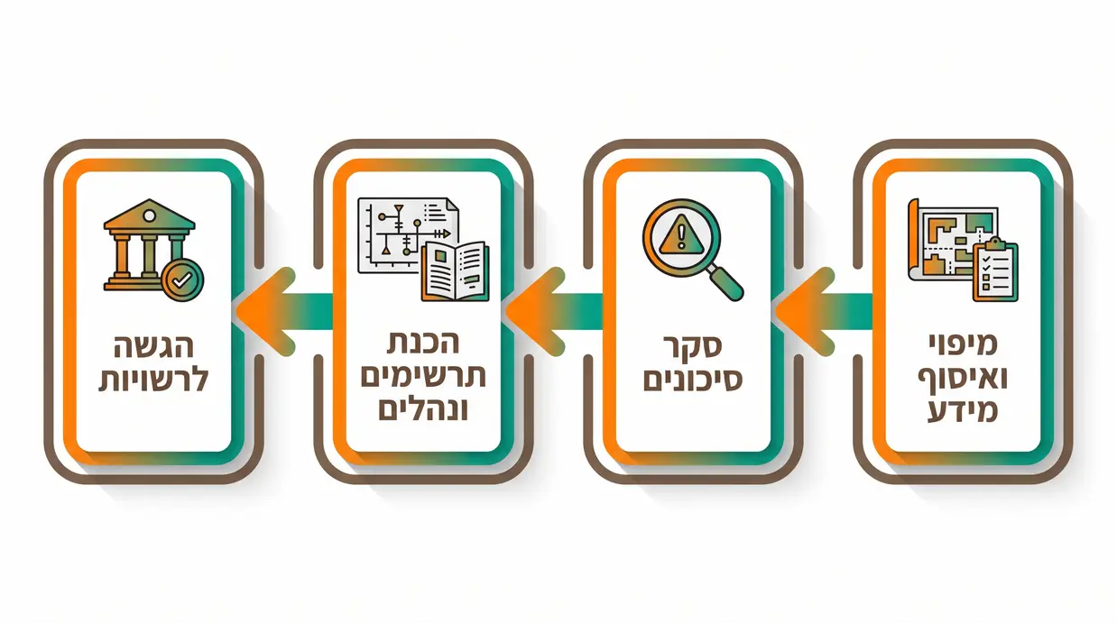 תרשים תהליך בעברית המתאר את שלבי בניית תיק המפעל משלב המיפוי ועד להגשה לרשויות