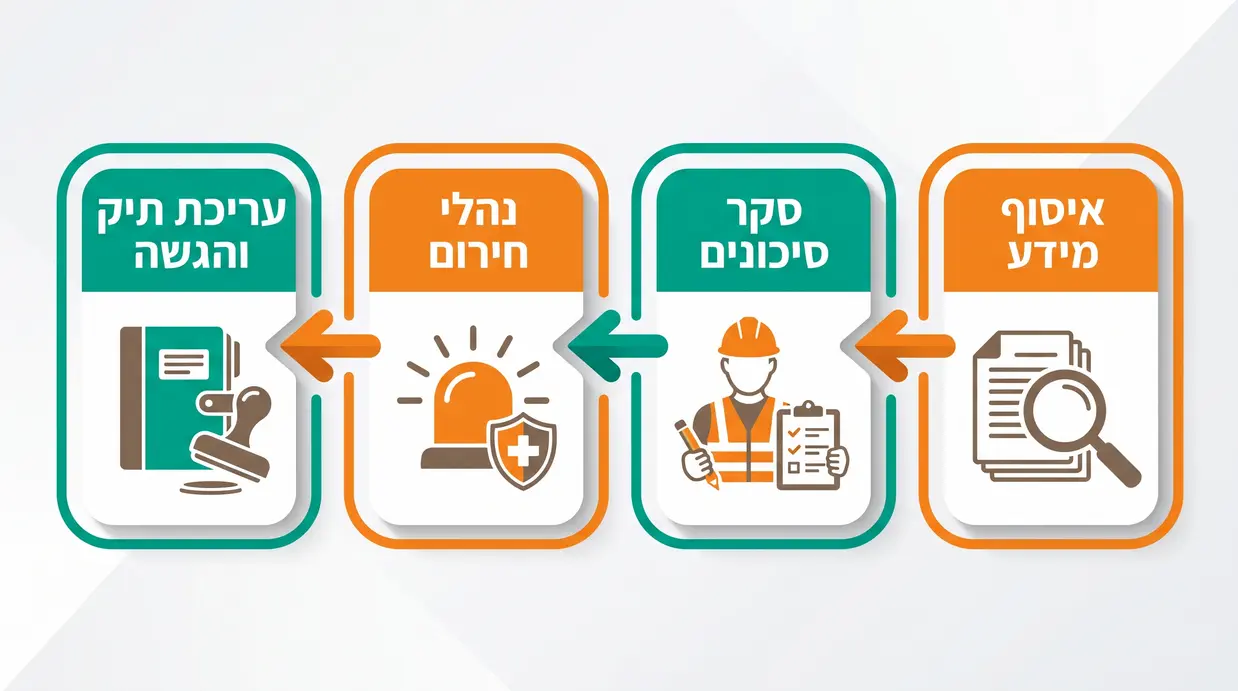 אינפוגרפיקה תהליכית בעברית המתארת שלב אחר שלב את תהליך בניית תיק המפעל