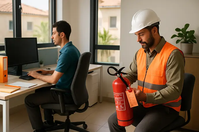 עובד משרד יושב בתנוחה ארגונומית נכונה וממונה בטיחות בודק מטף כיבוי אש