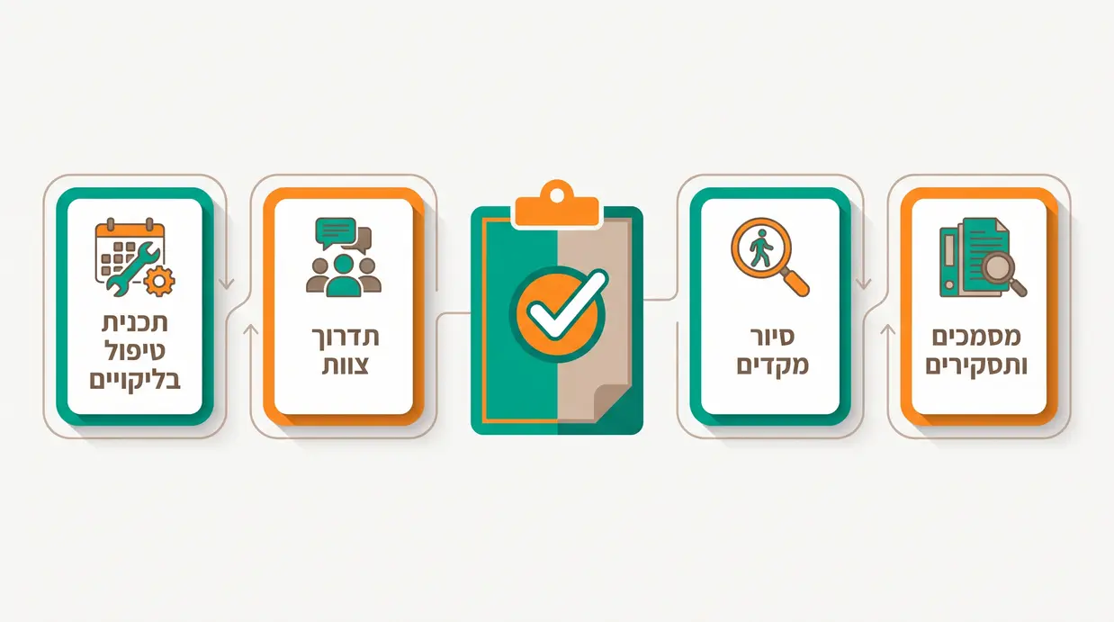 אינפוגרפיקה בעברית של צ'ק-ליסט היערכות לביקורת בטיחות עם ארבעה סעיפים מרכזיים