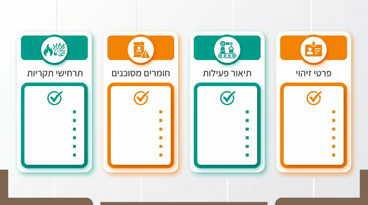 אינפוגרפיקה בעברית המציגה רשימת תיוג של מרכיבי החובה בתיק מפעל