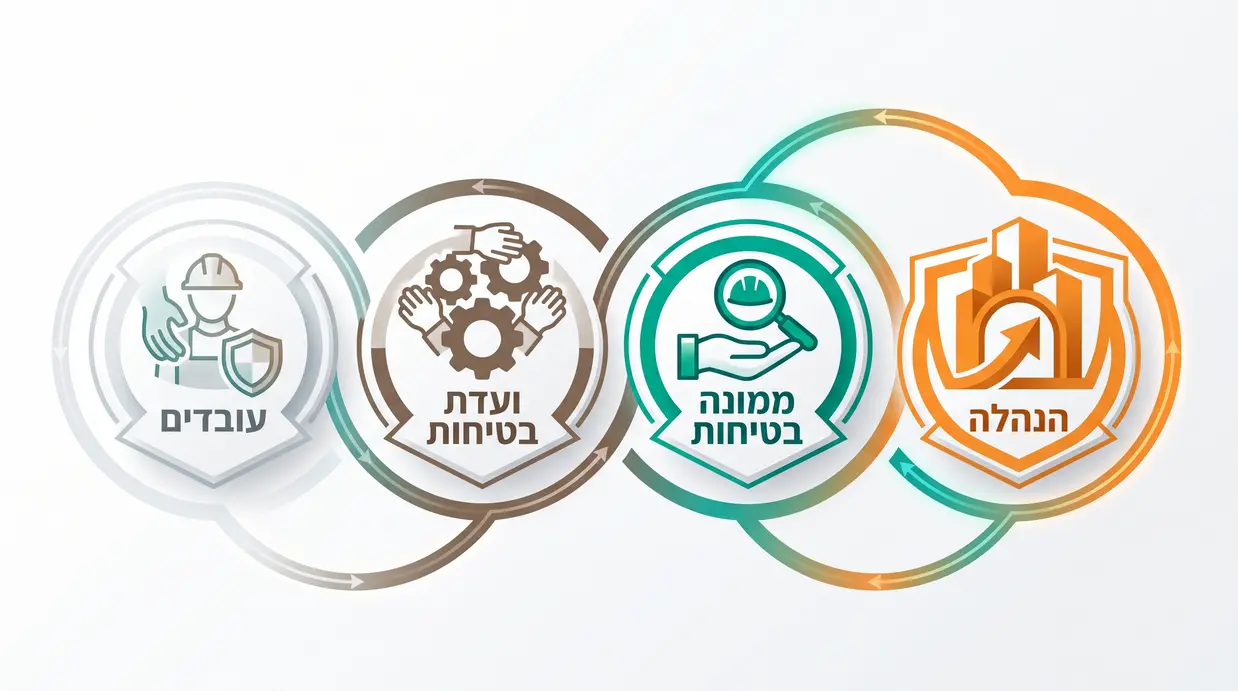 תרשים אחריות ארגונית המציג את הקשר בין הנהלה, ממונה בטיחות, ועדת בטיחות ועובדים