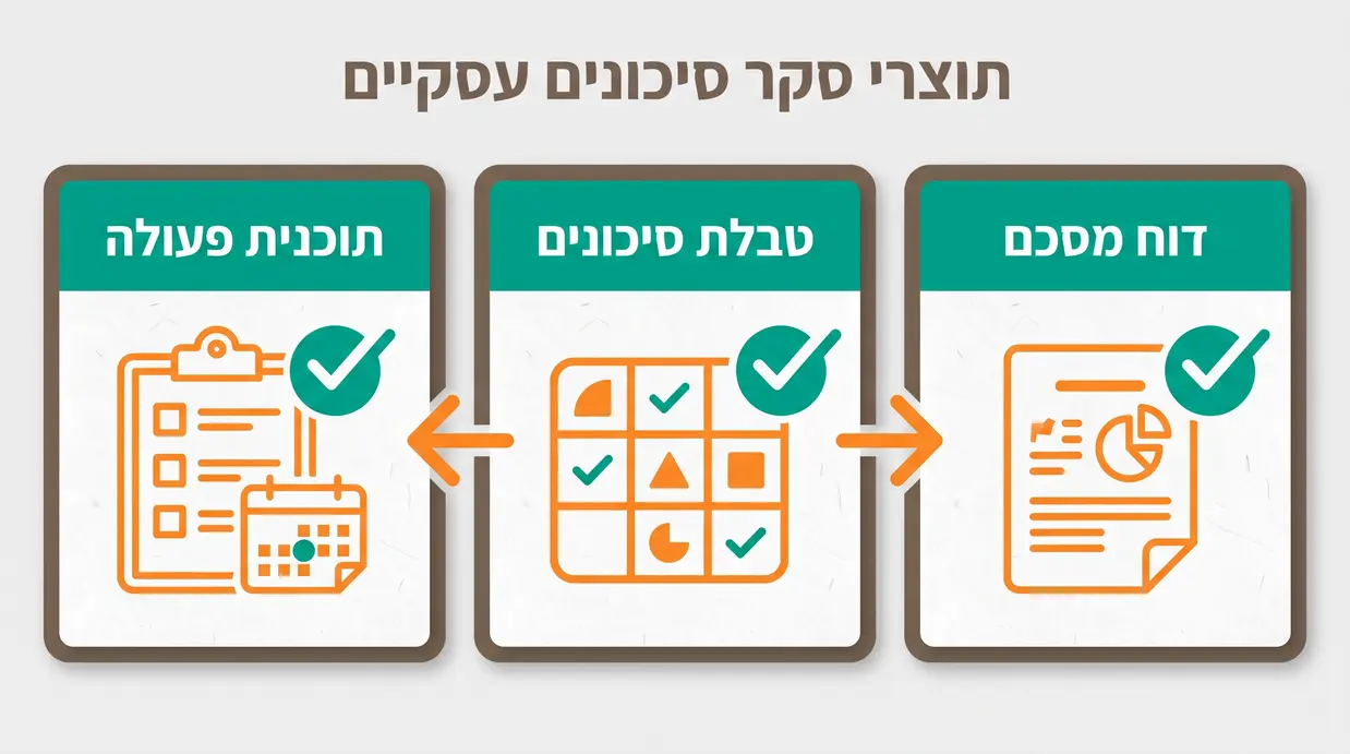 אינפוגרפיקה המציגה דוח, טבלת סיכונים ותוכנית פעולה כסיכום סקר הסיכונים