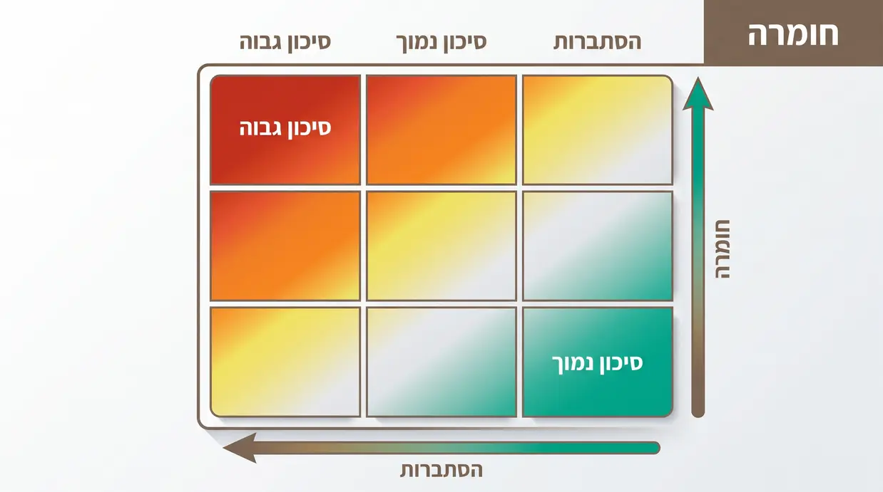 מטריצת סיכונים צבעונית המציגה הסתברות מול חומרת נזק