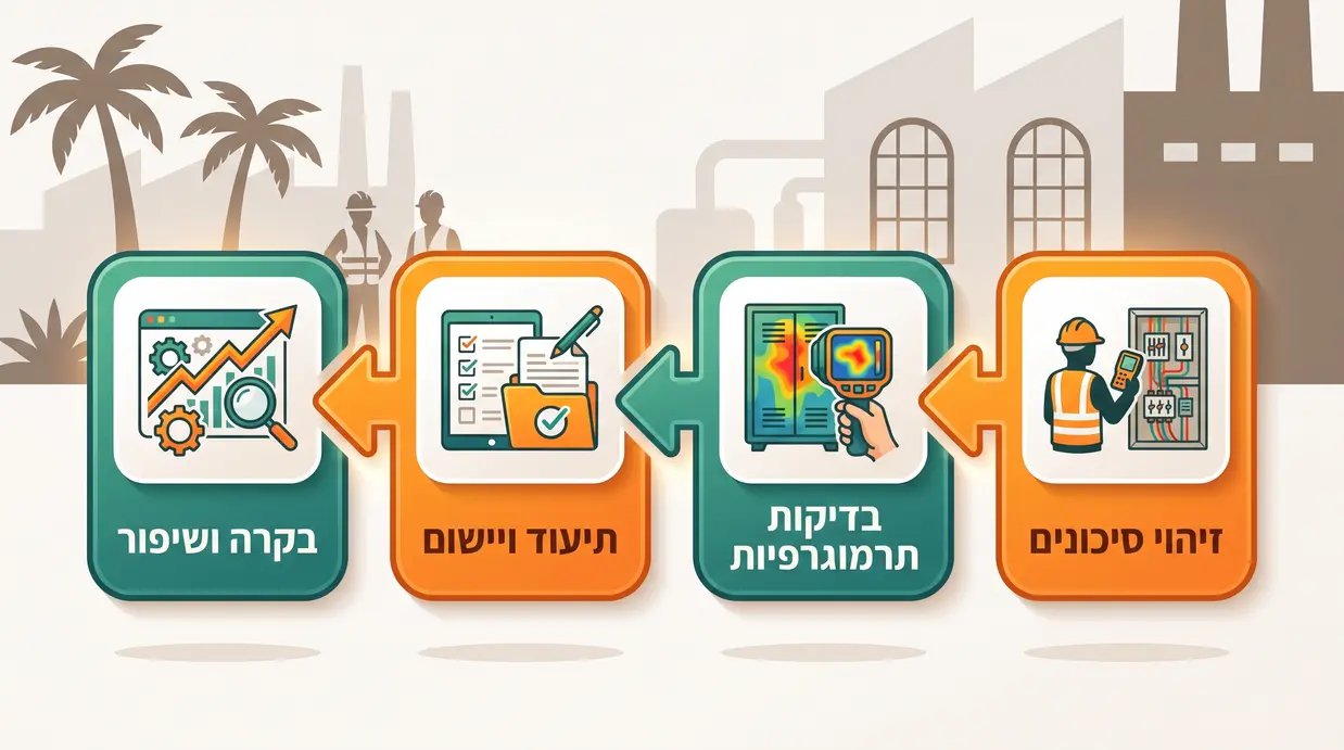 אינפוגרפיקה בעברית המציגה תהליך סקר סיכונים בעבודות חשמל במפעל מארבעה שלבים