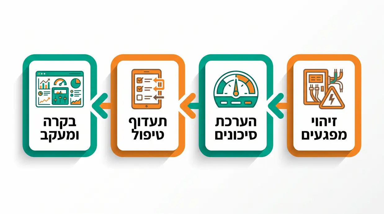 אינפוגרפיקה בעברית המתארת שלבים בסקר סיכונים בחשמל במפעל