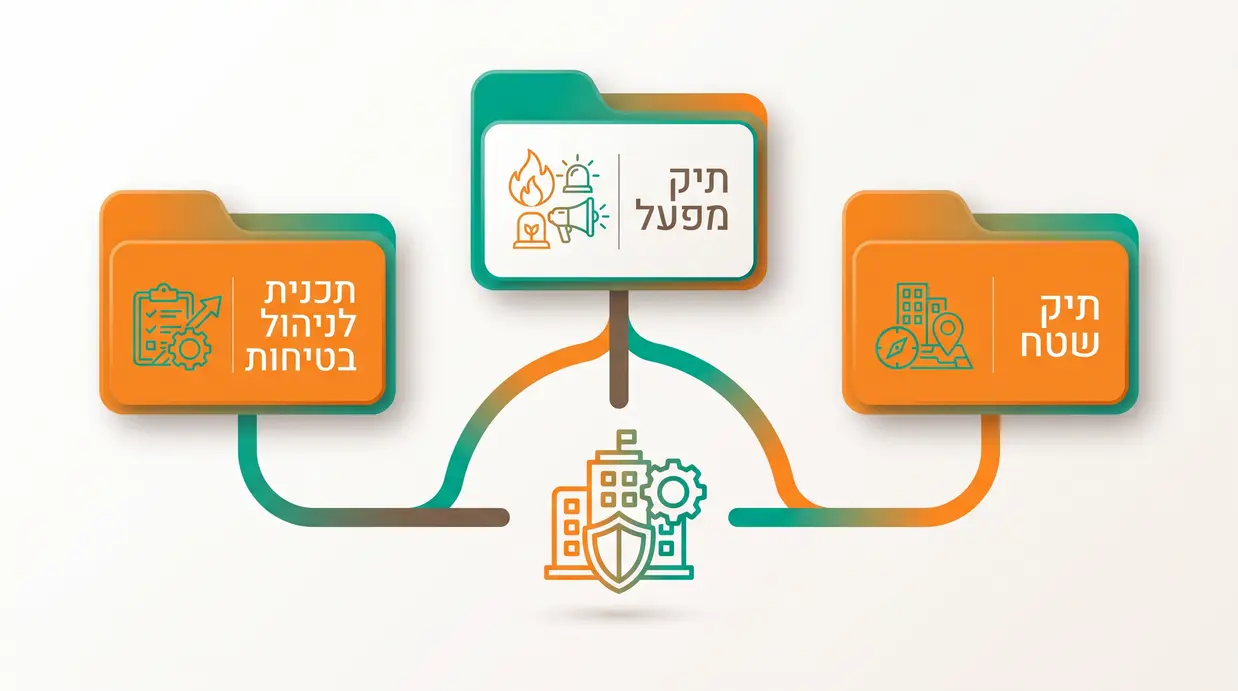 אינפוגרפיקה בעברית שמסבירה את הקשר בין תיק שטח, תיק מפעל ותכנית לניהול בטיחות
