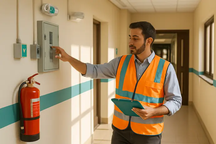 יועץ בטיחות מבצע סיור שטח במוסד ציבורי עם לוח כתיבה ובודק תשתיות וציוד כיבוי